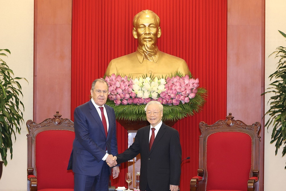 Chiều 6/7, tại Trụ sở Trung ương Đảng, Tổng Bí thư Nguyễn Phú Trọng tiếp Bộ trưởng Ngoại giao Liên bang Nga Sergey Lavrov thăm Việt Nam. (Ảnh: Trí Dũng/TTXVN)