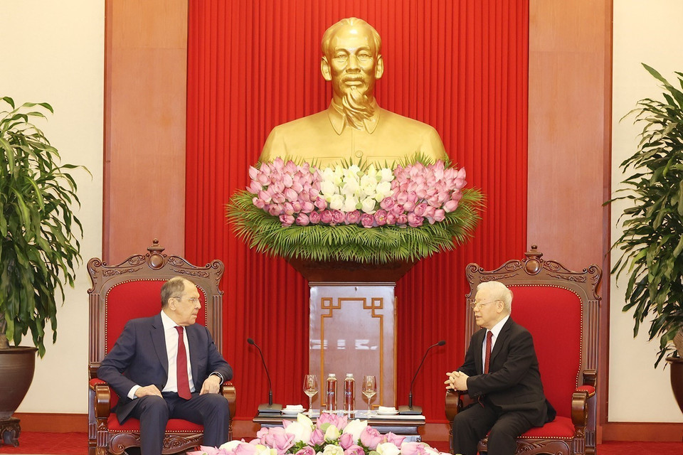 Tổng Bí thư Nguyễn Phú Trọng tiếp Bộ trưởng Ngoại giao Liên bang Nga Sergey Lavrov. (Ảnh : Trí Dũng/TTXVN)