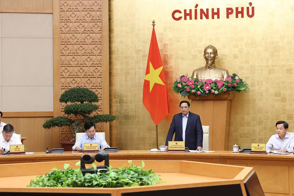 Thủ tướng Phạm Minh Chính phát biểu tại Phiên họp Chính phủ thường kỳ tháng 4. (Ảnh: Dương Giang/TTXVN)