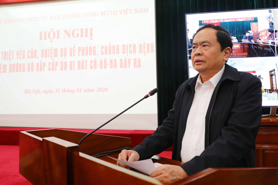 Chủ tịch UBTW MTTQ Việt Nam Trần Thanh Mẫn phát biểu chỉ đạo tại Hội nghị trực tuyến với các địa phương quán triệt yêu cầu, nhiệm vụ về công tác phòng, chống dịch bệnh viêm đường hô hấp cấp do nCoV gây ra, ngày 31/1 vừa qua. (Ảnh: Lâm Khánh/TTXVN)