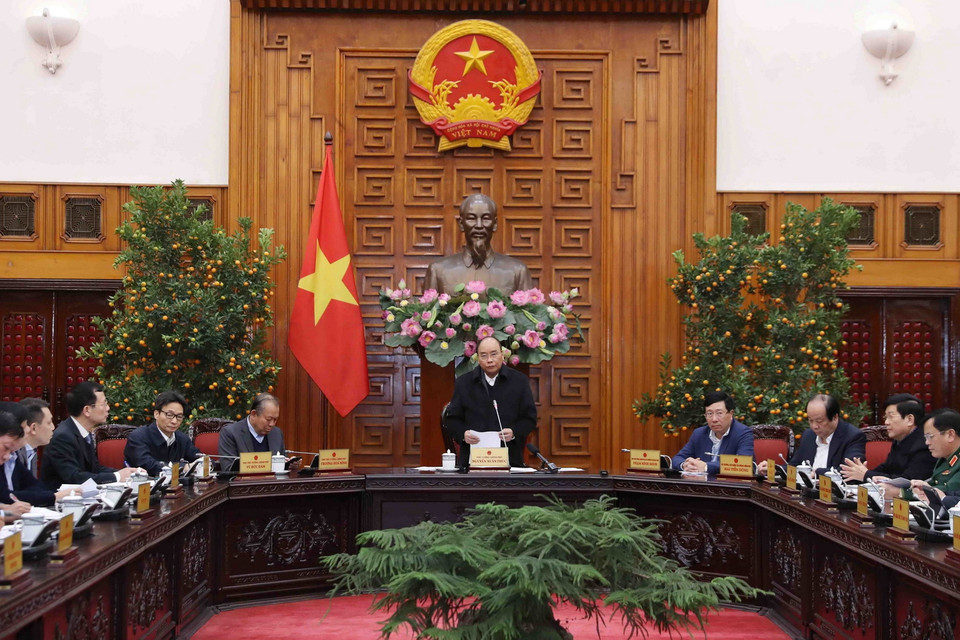 Chiều 4/2, Thủ tướng Nguyễn Xuân Phúc chủ trì Phiên họp Thường trực Chính phủ về phòng, chống dịch bệnh viêm đường hô hấp cấp do chủng mới của virus corona mới (2019-nCoV) gây ra. (Ảnh: Thống Nhất/TTXVN)