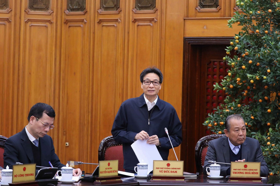  Phó Thủ tướng Vũ Đức Đam, Trưởng Ban Chỉ đạo Quốc gia về phòng, chống dịch bệnh viêm đường hô hấp cấp do nCoV gây ra, phát biểu tại phiên họp Thường trực Chính phủ về phòng chống dịch bệnh do nCoV, chiều 4/2. (Ảnh: Thống Nhất/TTXVN)