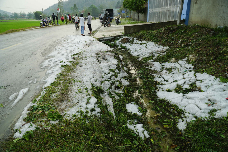 Mưa đá phủ trắng hai bên đường. (Ảnh: Xuân Tư/TTXVN)
