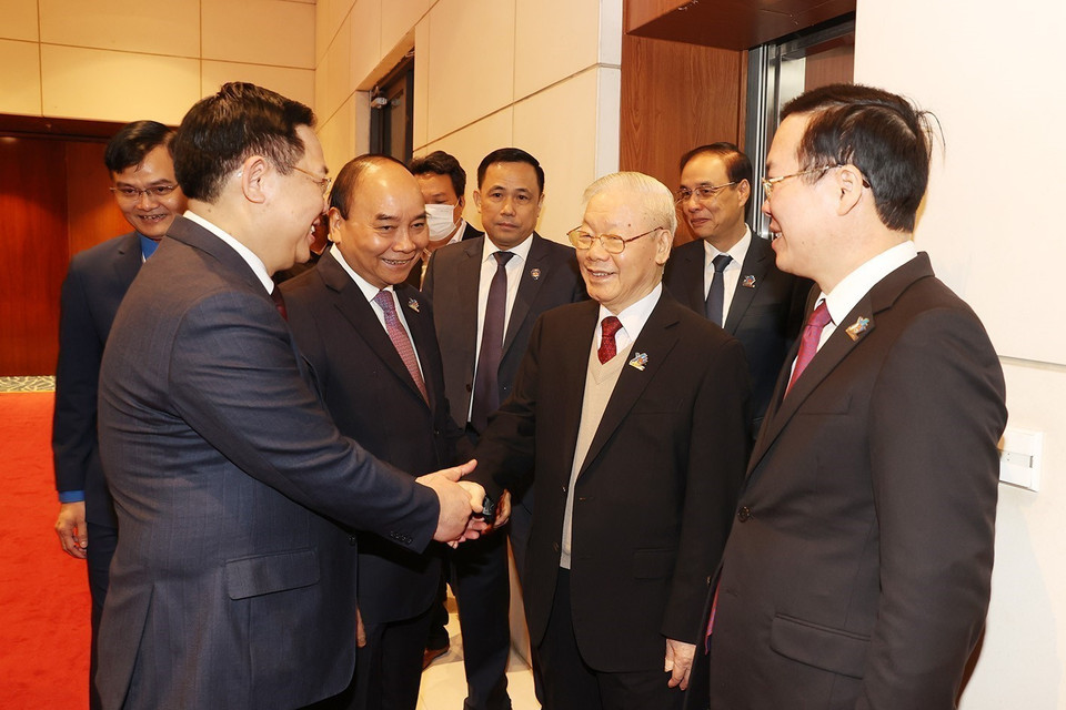 Tổng Bí thư Nguyễn Phú Trọng với các vị lãnh đạo đạo Đảng, Nhà nước dự lễ khai mạc. (Ảnh: Trí Dũng/TTXVN)