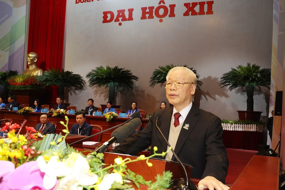 Tổng Bí thư Nguyễn Phú Trọng phát biểu chỉ đạo tại Đại hội đại biểu toàn quốc Đoàn Thanh niên Cộng sản Hồ Chí Minh. (Ảnh: Trí Dũng/TTXVN)