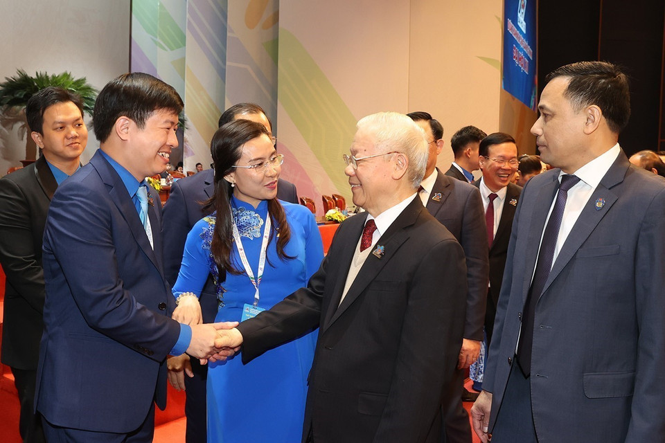 Tổng Bí thư Nguyễn Phú Trọng với các đại biểu dự đại hội. (Ảnh: Trí Dũng/TTXVN)