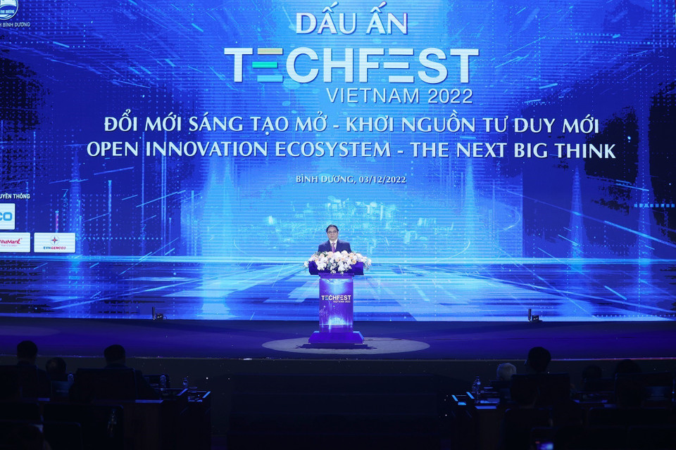 Thủ tướng Phạm Minh Chính phát biểu tại chương trình Dấu ấn TECHFEST Việt Nam 2022. (Ảnh: Dương Giang/TTXVN)
