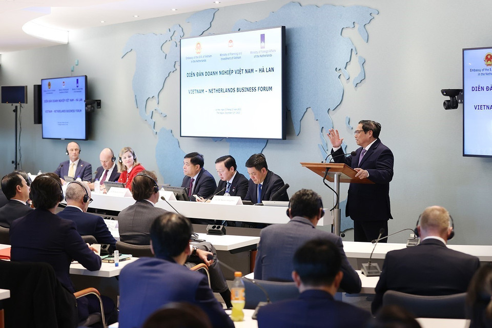 Thủ tướng Phạm Minh Chính phát biểu tại Diễn đàn doanh nghiệp Việt Nam-Hà Lan. (Ảnh: Dương Giang/TTXVN)