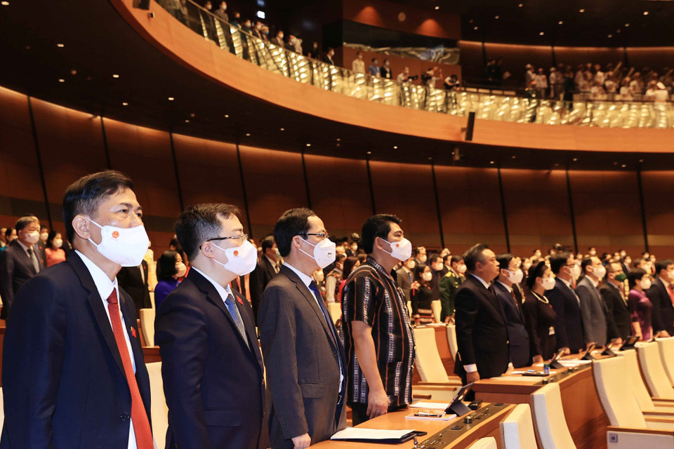 Các đại biểu thực hiện nghi lễ chào cờ. (Ảnh: Thống Nhất/TTXVN)