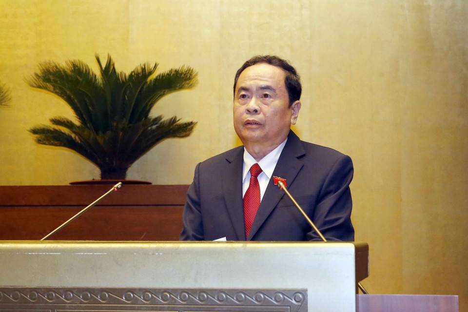 Phó Chủ tịch Thường trực Quốc hội khóa XIV, Phó Chủ tịch Hội đồng bầu cử quốc gia Trần Thanh Mẫn báo cáo tổng kết cuộc bầu cử đại biểu Quốc hội khóa XV và đại biểu Hội đồng nhân dân các cấp nhiệm kỳ 2021-2026. (Ảnh: Doãn Tấn/TTXVN)