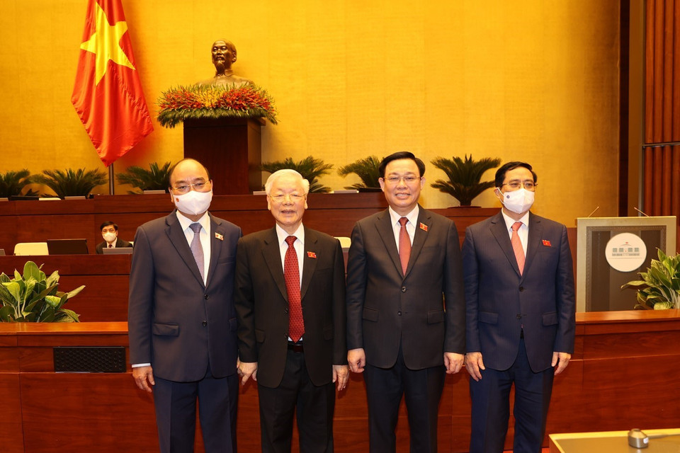 Tổng Bí thư Nguyễn Phú Trọng, Chủ tịch nước Nguyễn Xuân Phúc, Chủ tịch Quốc hội Vương Đình Huệ, Thủ tướng Phạm Minh Chính tại Lẽ khai mạc. (Ảnh: Trí Dũng/TTXVN)