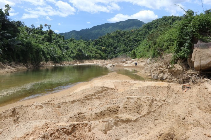 Hiện trường tìm kiếm tại bãi bồi gần Ngã ba Tam Dần. (Ảnh: Đỗ Trưởng/TTXVN)