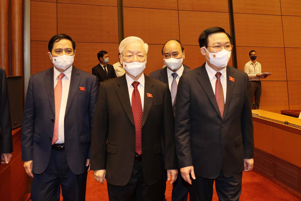 Tổng Bí thư Nguyễn Phú Trọng với các đồng chí lãnh đạo Đảng, Nhà nước. (Ảnh: Trí Dũng/TTXVN)