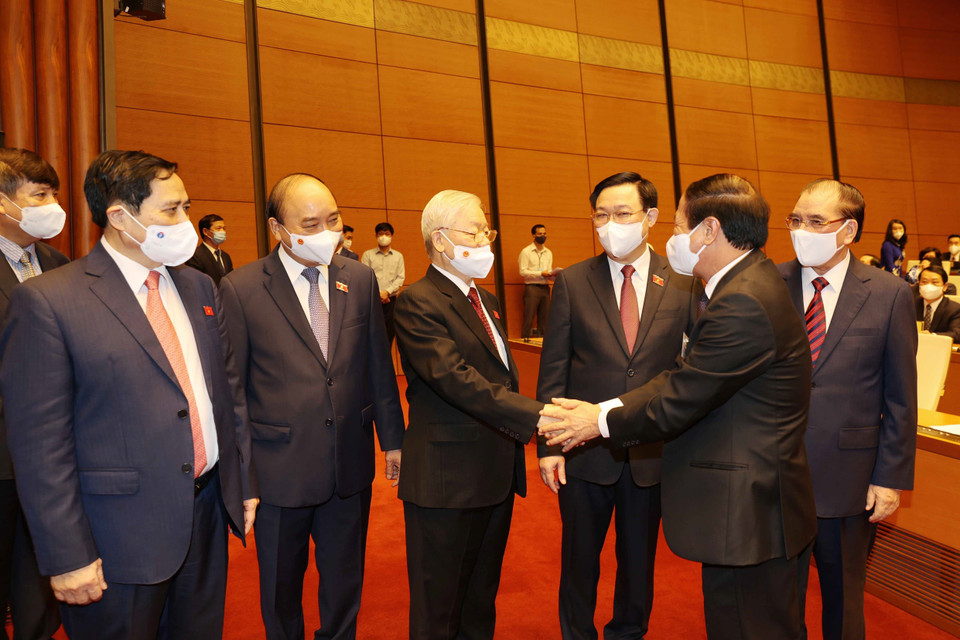 Tổng Bí thư Nguyễn Phú Trọng, các đồng chí lãnh đạo Đảng, Nhà nước và các đại biểu Quốc hội tại Lễ khai mạc. (Ảnh: Trí Dũng/TTXVN)