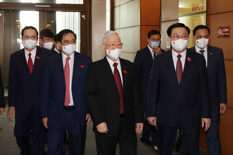 Tổng Bí thư Nguyễn Phú Trọng với các đồng chí lãnh đạo Đảng, Nhà nước đến dự Lễ khai mạc. (Ảnh: Trí Dũng/TTXVN)