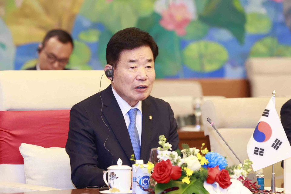 Chủ tịch Quốc hội Hàn Quốc Kim Jin-pyo phát biểu tại buổi hội đàm. (Ảnh: Doãn Tấn/TTXVN)