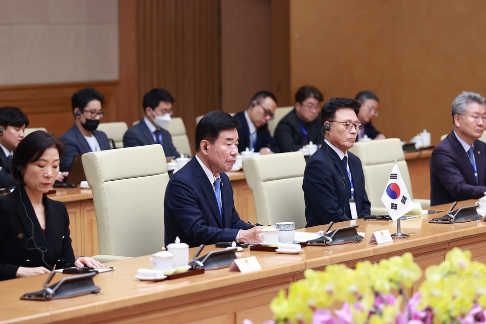 Chủ tịch Quốc hội Hàn Quốc Kim Jin-pyo phát biểu. (Ảnh: Dương Giang/TTXVN)