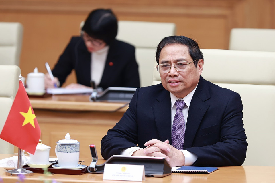 Thủ tướng Phạm Minh Chính phát biểu tại cuộc tiếp Chủ tịch Quốc hội Hàn Quốc Kim Jin-pyo. (Ảnh: Dương Giang/TTXVN)