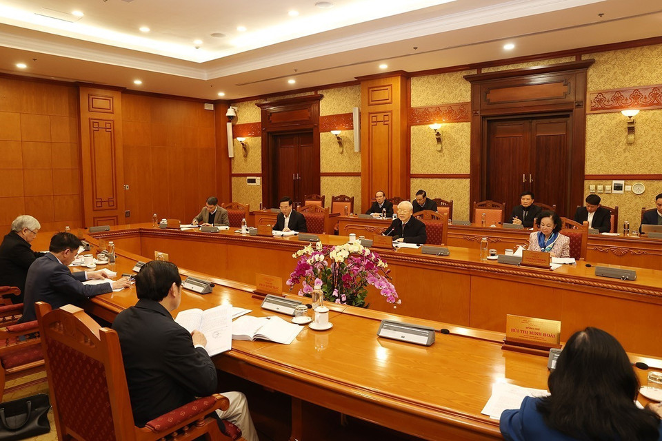 Tổng Bí thư Nguyễn Phú Trọng chỉ đạo tại cuộc họp. (Ảnh: Trí Dũng/TTXVN)