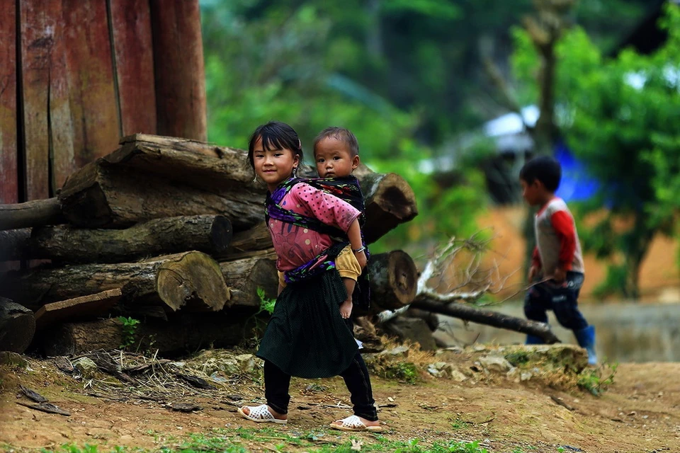 Trông những đứa em để bố mẹ lên nương rẫy là công việc hàng ngày của những đứa trẻ vùng cao. (Ảnh: Phan Tuấn Anh/TTXVN)