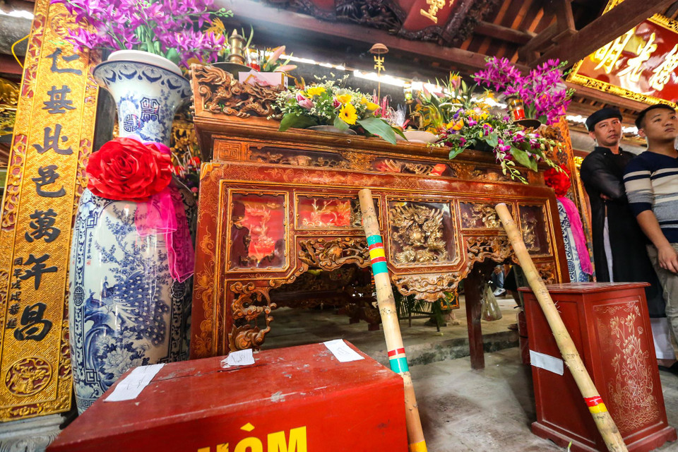 Theo quy định, sẽ có hai lượt tương ứng với hai cây bông được phát ra, mỗi cây cách nhau một tiếng. Sau khi giằng co, người giành chiến thắng phải giơ thẳng cây bông lên và mang vào đình làng trình Thánh. (Ảnh: Minh Sơn/Vietnam+)