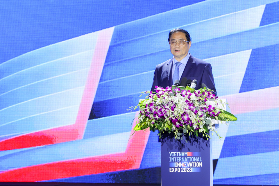 Phát biểu tại sự kiện, Thủ tướng Phạm Minh Chính đánh giá, sự kiện đã giới thiệu và lan tỏa hình ảnh 'Quốc gia đổi mới sáng tạo' tới công chúng và cộng đồng đổi mới sáng tạo trên thế giới; cho thấy tiềm năng, lợi thế và những bước tiến của Việt Nam về đổi mới sáng tạo và việc tiếp cận, ứng dụng các thành tựu của cuộc Cách mạng công nghiệp lần thứ Tư trong phát triển kinh tế - xã hội đất nước. (Ảnh: Minh Sơn/Vietnam+)