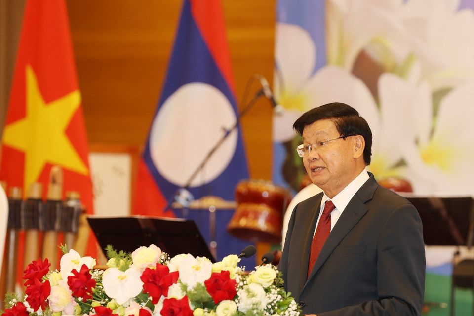 Tổng Bí thư, Chủ tịch nước Lào Thongloun Sisoulith đọc Diễn văn đáp từ. (Ảnh: Trí Dũng/TTXVN)