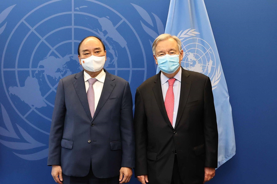 Chiều 21/9 (theo giờ địa phương), tại New York, Hoa Kỳ, Chủ tịch nước Nguyễn Xuân Phúc gặp Tổng thư ký Liên hợp quốc Antonio Guterres. (Ảnh: Thống Nhất/TTXVN)