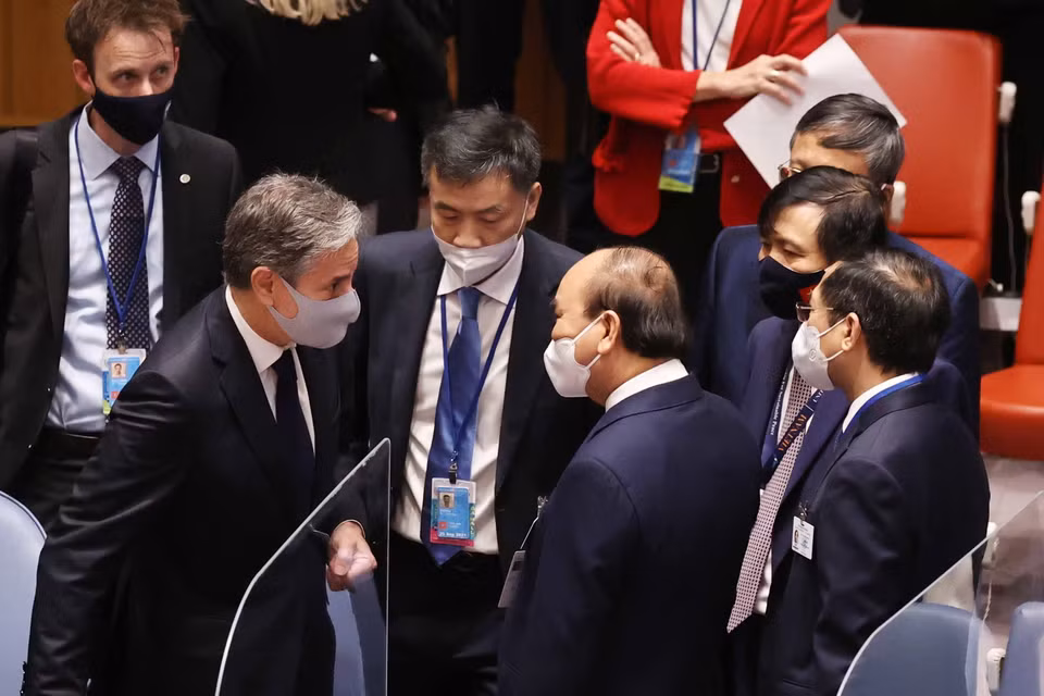 Chủ tịch nước Nguyễn Xuân Phúc và Ngoại trưởng Mỹ Antony Blinken tại phiên họp. (Ảnh: Thống Nhất/TTXVN)