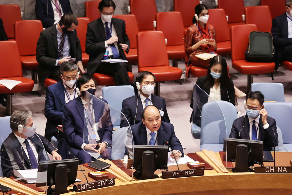 Chủ tịch nước Nguyễn Xuân Phúc phát biểu tại Phiên thảo luận cấp cao của Hội đồng Bảo an về Biến đổi khí hậu. (Ảnh: Thống Nhất/TTXVN)