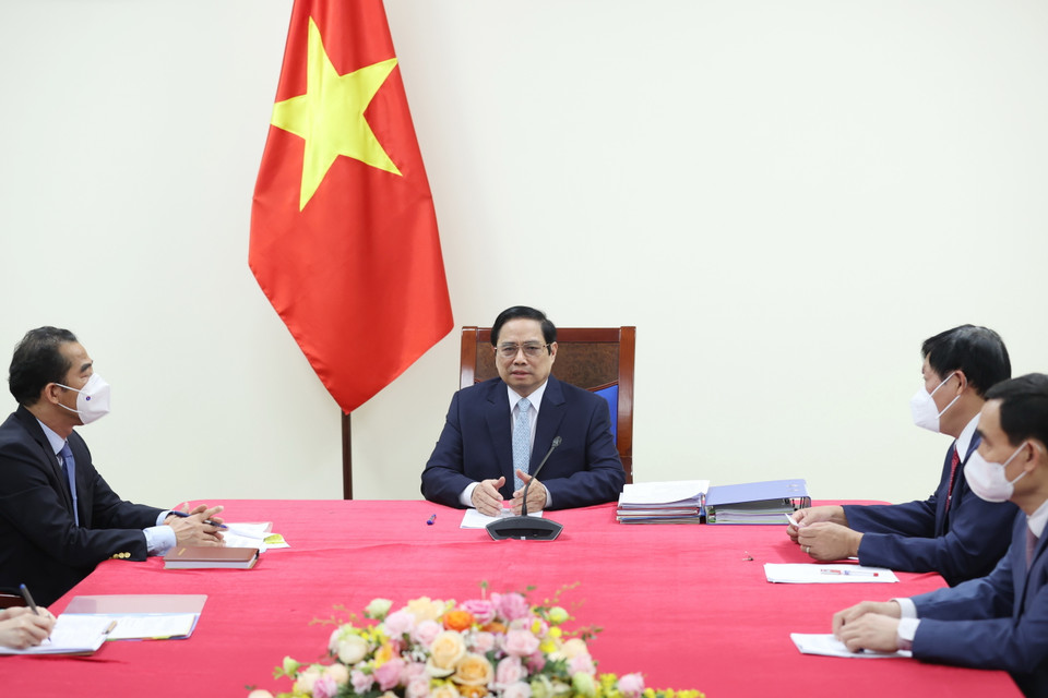 Thủ tướng Phạm Minh Chính phát biểu tại buổi điện đàm. (Ảnh: Dương Giang/TTXVN)