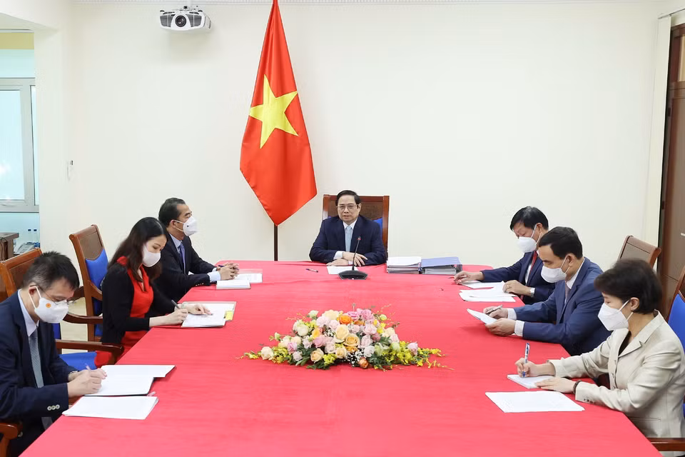 Thủ tướng Phạm Minh Chính phát biểu tại buổi điện đàm. (Ảnh: Dương Giang/TTXVN)
