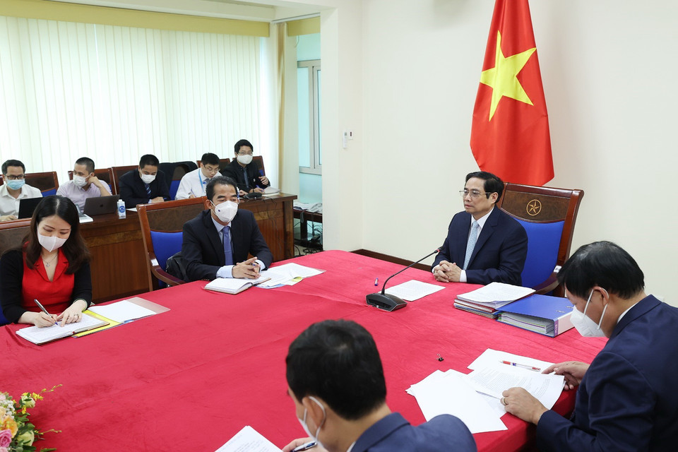 Thủ tướng Phạm Minh Chính phát biểu tại buổi điện đàm. (Ảnh: Dương Giang/TTXVN)