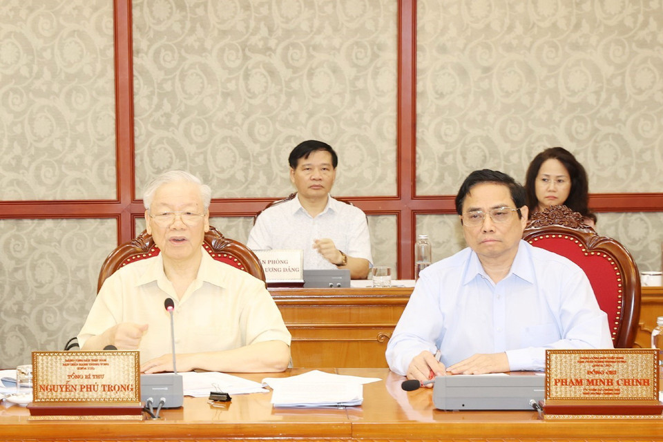 Tổng Bí thư Nguyễn Phú Trọng phát biểu kết luận cuộc họp. (Ảnh: Trí Dũng/TTXVN)