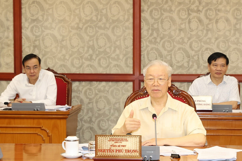 Tổng Bí thư Nguyễn Phú Trọng phát biểu kết luận cuộc họp. (Ảnh: Trí Dũng/TTXVN)