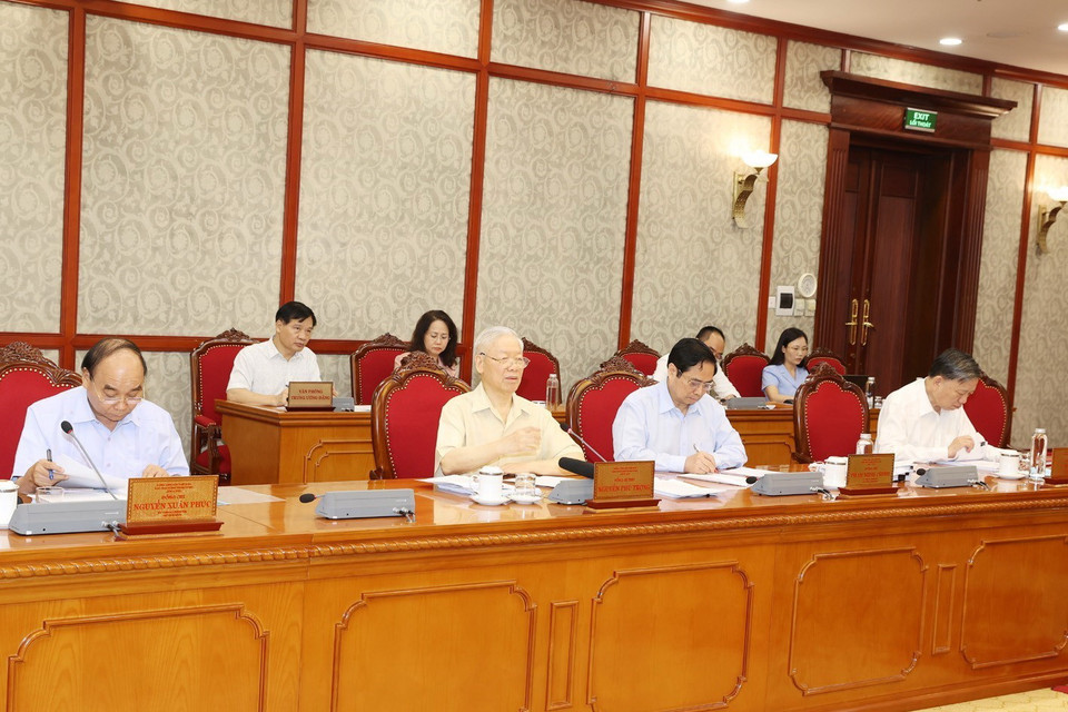 Tổng Bí thư Nguyễn Phú Trọng phát biểu kết luận cuộc họp. (Ảnh: Trí Dũng/TTXVN)