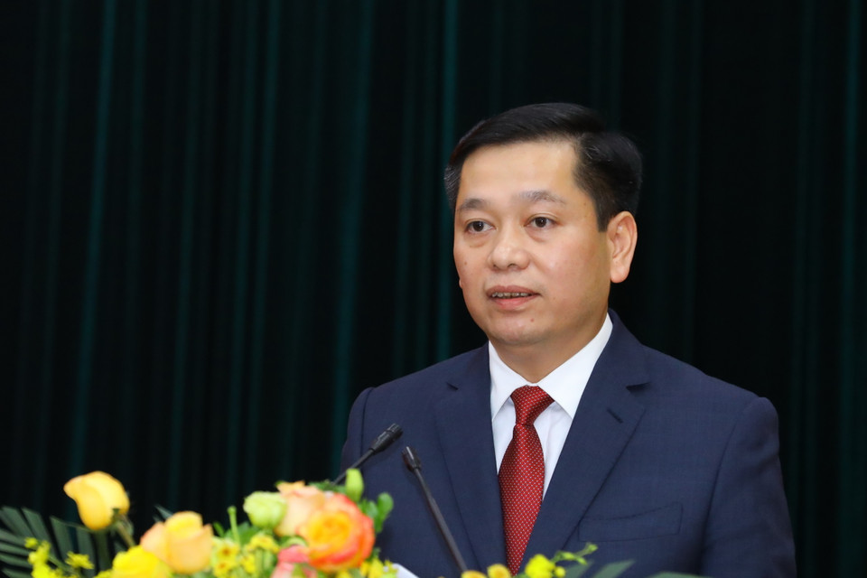 Bí thư Đảng ủy Khối Doanh nghiệp Trung ương Nguyễn Long Hải phát biểu nhận nhiệm vụ. (Ảnh: Nguyễn Điệp/TTXVN)