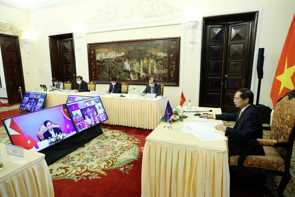 Hội nghị Bộ trưởng Ngoại giao ASEAN lần thứ 54 (AMM-54) diễn ra sáng 4/8/2021 (theo giờ Hà Nội). (Ảnh: Phạm Kiên/TTXVN)