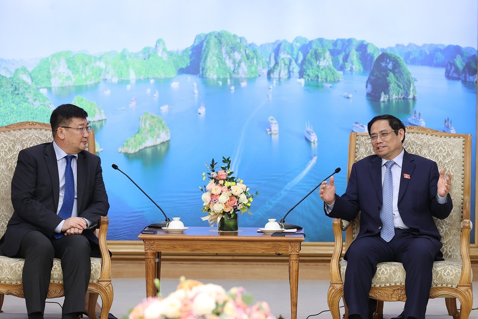Hình ảnh Thủ tướng Phạm Minh Chính tiếp ông Jigjee Sereejav, Đại sứ Cộng hòa Nhân dân Mông Cổ tại Việt Nam. (Ảnh: Dương Giang/TTXVN)
