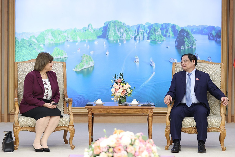 Thủ tướng Phạm Minh Chính tiếp bà Amal Abdel Kader Elmorsi Salama, Đại sứ Cộng hoà Ai Cập tại Việt Nam đến chào xã giao. (Ảnh: Dương Giang/TTXVN)