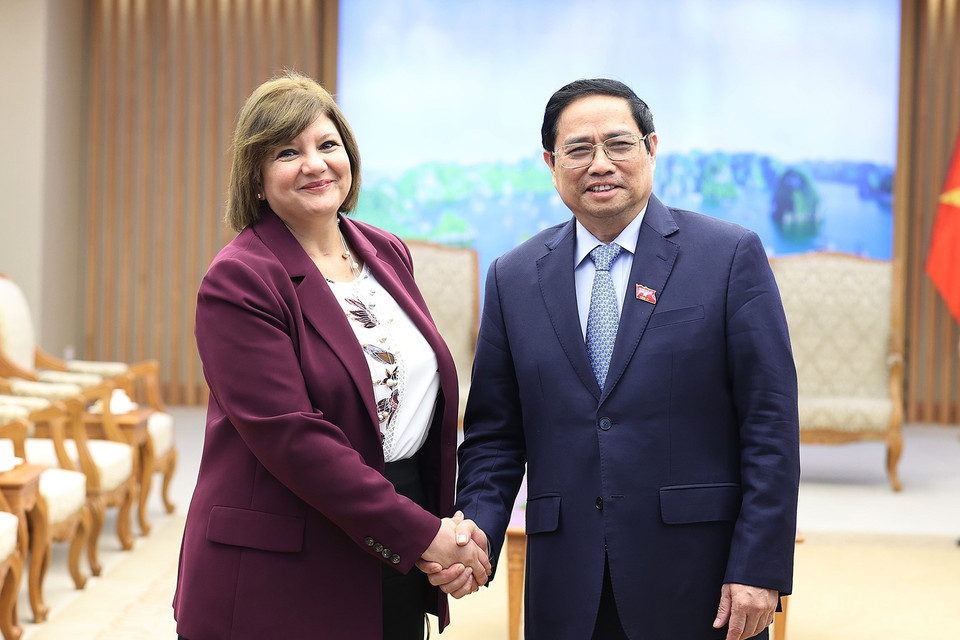 Chiều 15/6/2022, tại Hà Nội, Thủ tướng Phạm Minh Chính tiếp bà Amal Abdel Kader Elmorsi Salama, Đại sứ Cộng hoà Ai Cập tại Việt Nam đến chào xã giao. (Ảnh: Dương Giang/TTXVN)