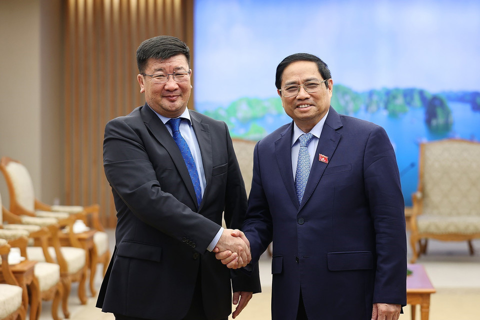 Hình ảnh Thủ tướng Phạm Minh Chính tiếp ông Jigjee Sereejav, Đại sứ Cộng hòa Nhân dân Mông Cổ tại Việt Nam. (Ảnh: Dương Giang/TTXVN)