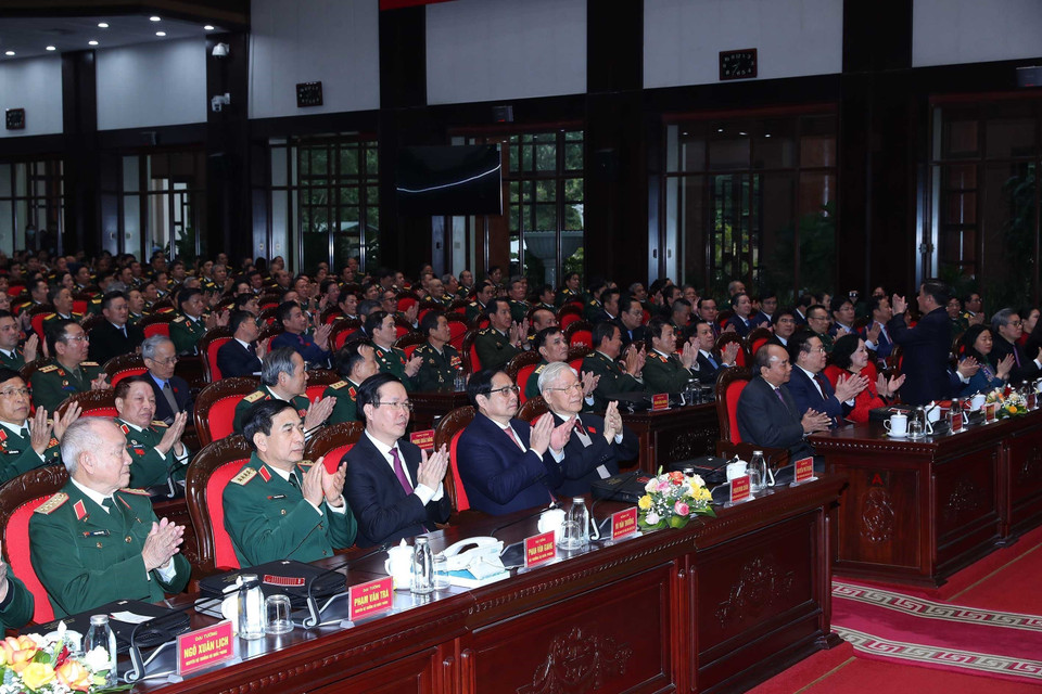 Tổng Bí thư Nguyễn Phú Trọng và các đồng chí lãnh đạo Đảng, Nhà nước dự lễ khai mạc. (Ảnh: TTXVN)