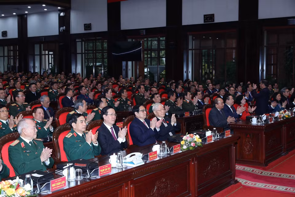 Tổng Bí thư Nguyễn Phú Trọng và các đồng chí lãnh đạo Đảng, Nhà nước dự lễ khai mạc. (Ảnh: TTXVN)