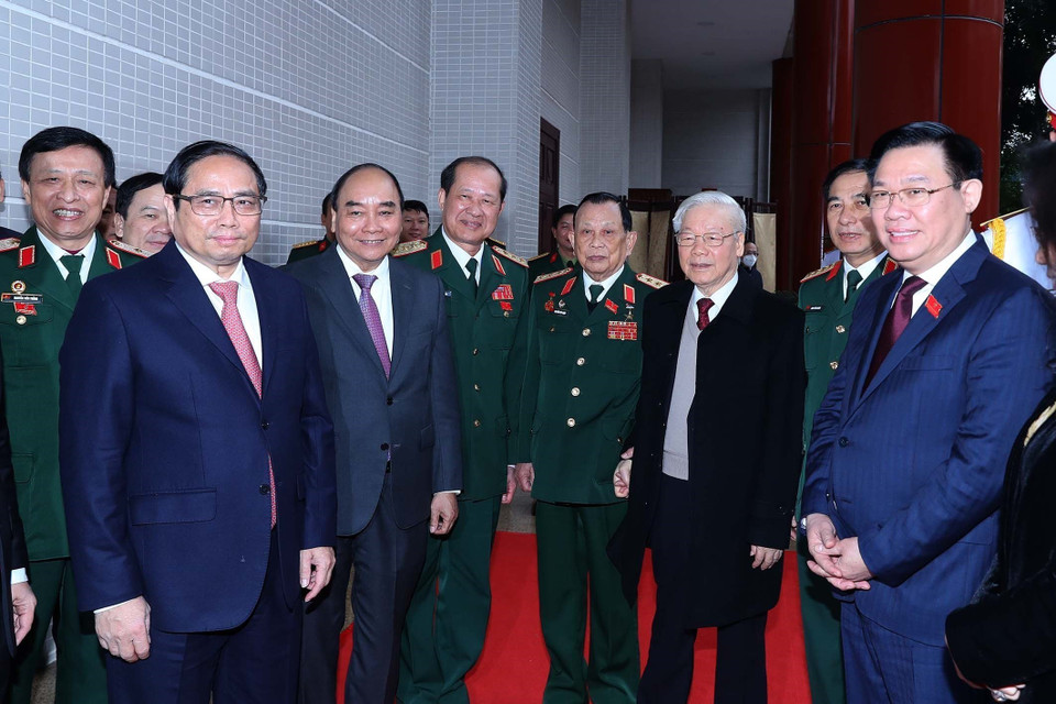 Tổng Bí thư Nguyễn Phú Trọng cùng các đồng chí lãnh đạo Đảng, Nhà nước đến dự đại hội. (Ảnh: TTXVN)