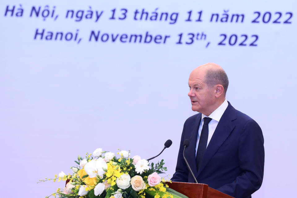 Thủ tướng Cộng hòa Liên bang Đức Olaf Scholz phát biểu tại Hội nghị bàn tròn với doanh nghiệp Việt Nam-Đức. (Ảnh: Lâm Khánh/TTXVN)