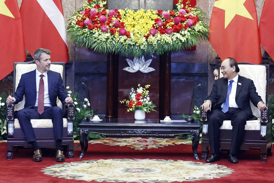 Chủ tịch nước Nguyễn Xuân Phúc tiếp Thái tử kế vị Đan Mạch Frederik. (Ảnh: Thống Nhất/TTXVN)