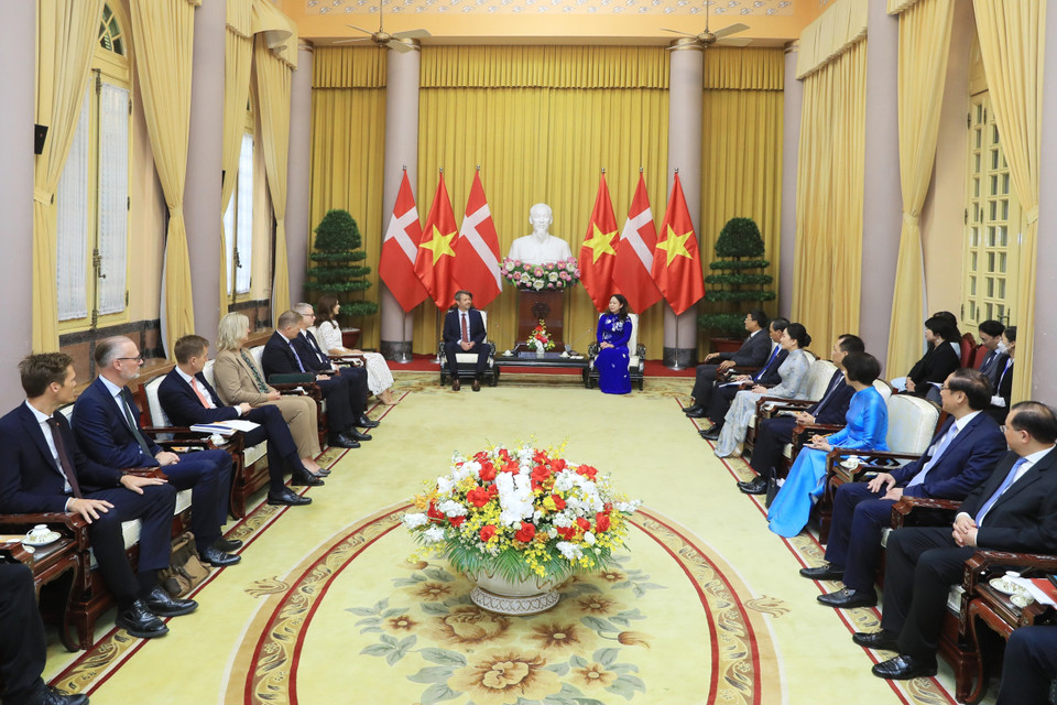 Phó Chủ tịch nước Võ Thị Ánh Xuân hội đàm với Thái tử kế vị Đan Mạch Frederik. (Ảnh: Lâm Khánh/TTXVN)