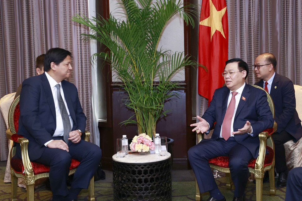 Chủ tịch Quốc hội Vương Đình Huệ tiếp ông Eric Francia, Chủ tịch &amp; Tổng Giám đốc Công ty ACEN (thuộc tập đoàn Ayala, Philippines). (Ảnh: Doãn Tấn/TTXVN)