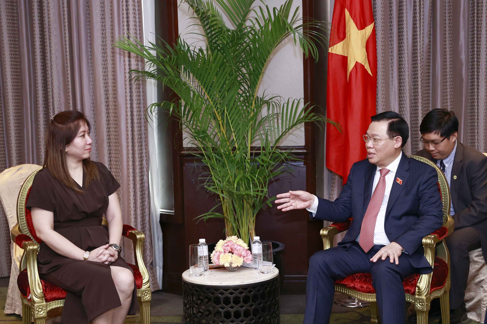 Chủ tịch Quốc hội Vương Đình Huệ tiếp Chủ tịch kiêm Giám đốc điều hành Tổng Công ty thương mại quốc tế Philippines Emmie Liza Perez-Chiong. (Ảnh: Doãn Tấn/TTXVN)